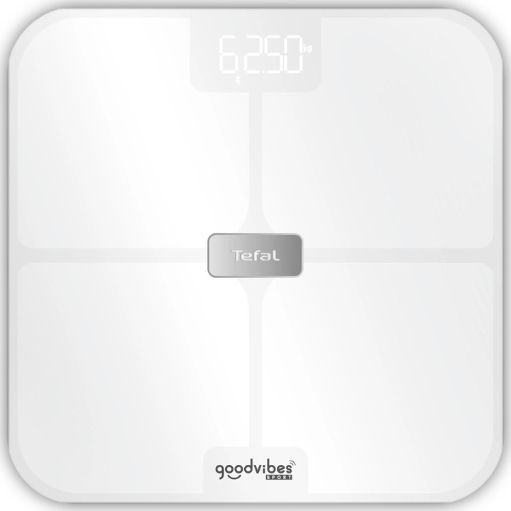 Смарт кантар Tefal Goodvibes Sport BM9740F0, 17 индикатора за измерване, Максимално тегло 200 кг, Синхронизация с приложението Google Fit, Apple Health и/или Fitbit, Термично обработено закалено стъкло, LCD екран, 4 включени батерии, Бял