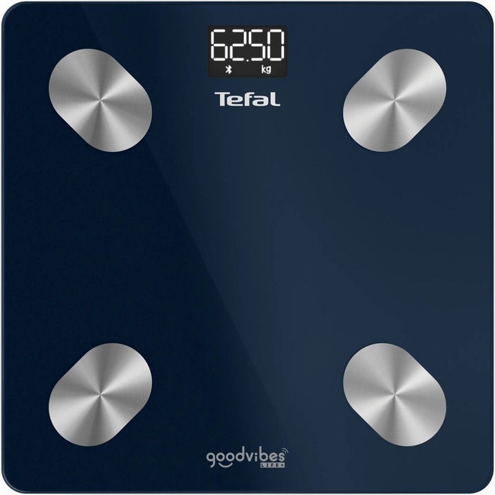 Cantar inteligent Tefal Goodvibes Life+ BM9720F0, 15 indicatori de masurare, greutate maxima 180 kg, sincronizare cu aplicatia Google Fit, Apple Health si/sau Fitbit, sticla securizata tratata termic, ecran LCD, 3 baterii incluse, albastru