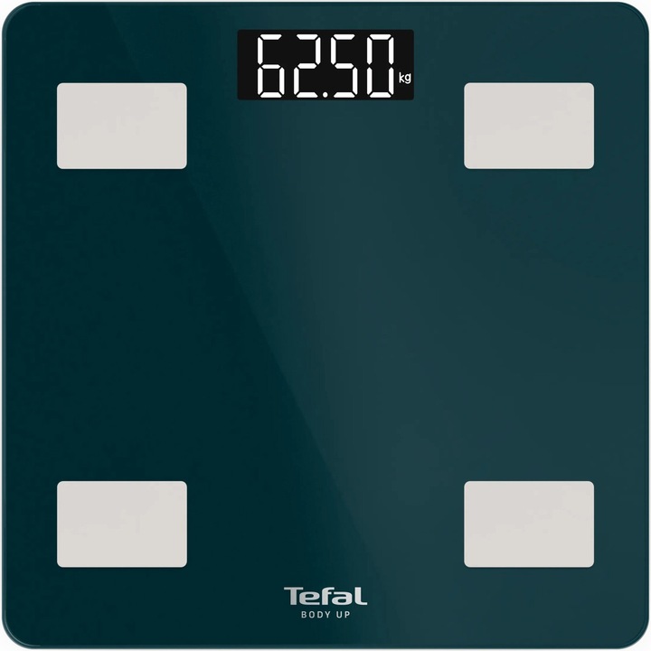 Cantar inteligent Tefal Body Up BM2600V0, 7 indicatori de masurare, greutate maxima 180 kg, sticla securizata tratata termic, ecran LCD, 2 baterii incluse, verde