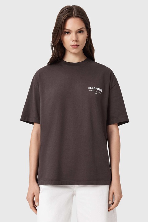 ALLSAINTS, Tricou din bumbac organic cu imprimeu pe partea din spate Underground Etta, Maro pamantiu