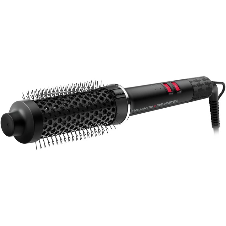 Perie cu aer cald Rowenta x Karl Lagerfeld Powerbrush UB572LE0, 55 W, 2 trepte temperatura, diametru 38 mm, invelis ceramic, generator de ioni, varf rece, inel de agatare, negru & rosu