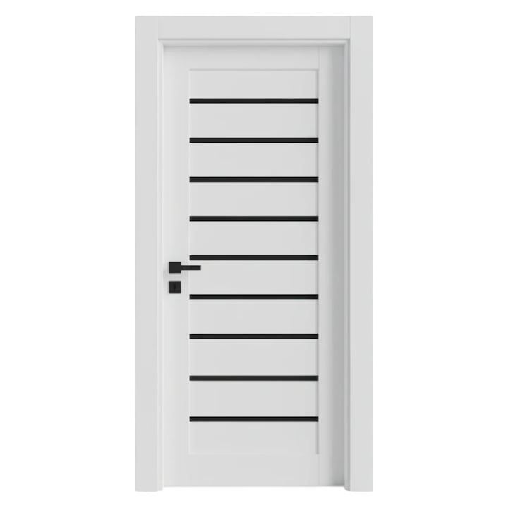Usa Interior din MDF Novo Doors NDM03 LUX PREMIUM, Cadru din Lemn Masiv, Sticla neagra mata, KIT COMPLET, Toc Reglabil de 30 CM INCLUS, Plinta pe Ambele Parti, Alb Mat