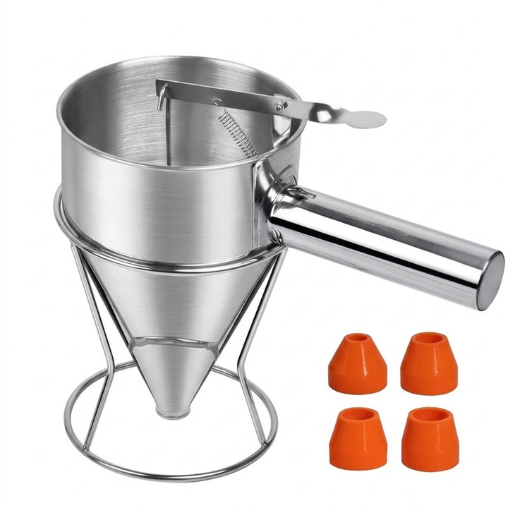 Dispenser de aluat, 1200ml, suport, 4 duze, set complet pentru prajituri, inox