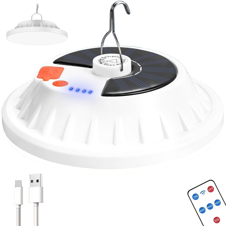 Többfunkciós kempinglámpa, SANSES, Kerek, 120 LED, 60 W, 2400 mAh, Power Bank, Napelemes vagy USB kábellel újratölthető, IP65 vízálló, 5 világítási mód, Távirányító, Fehér