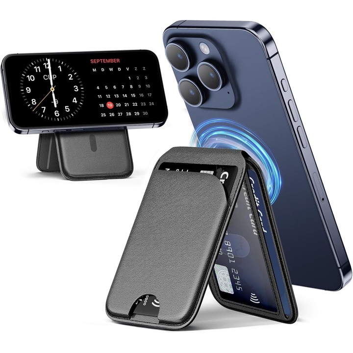 Портфейл и стойка Съвместими с iPhone 16/15/14/13/12, RFID защита, високоефективен магнит 3000g, капацитет до 5 карти, Negro
