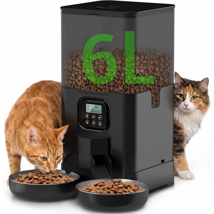 Hranitor Automat Doua Boluri Inox Pisici si Caini Huggo® Twin Comfort, Rezervor 6L, Mesaj Vocal Personalizat, 4 Mese/Zi, Control Portii, Sistem Triplu Anti-Blocare, Antifurt, Alimentare USB + Baterii Backup, BPA Free, Black Paw