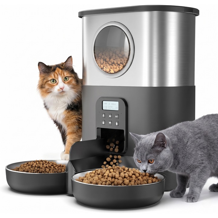 Hranitor Automat Doua Boluri Pisici si Caini Huggo® Twin 5L Compact, Total Inox, SmartFeed 4 Mese/Zi, Control Portii, Mesaj Vocal, Sistem Triplu Anti-Blocare, Alimentare USB + Baterii Backup, Capac Securizat, Distributie Egala, Steel Black
