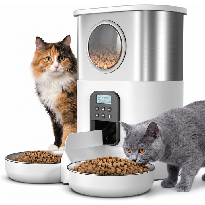 Hranitor Automat Doua Boluri Pisici si Caini Huggo® Twin 5L Compact, Total Inox, SmartFeed 4 Mese/Zi, Control Portii, Mesaj Vocal, Sistem Triplu Anti-Blocare, Alimentare USB + Baterii Backup, Capac Securizat, Distributie Egala, Steel White
