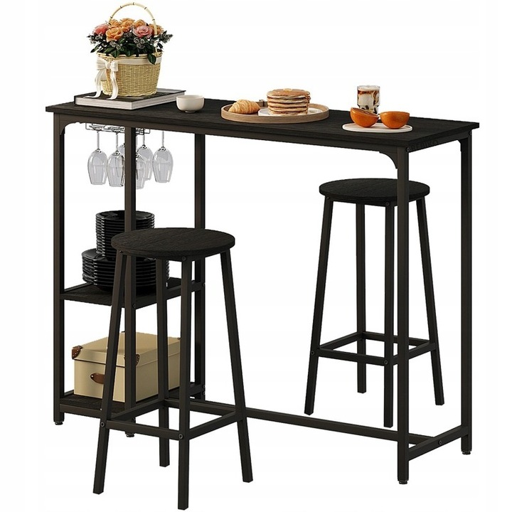 Set Masa + Scaune de Bar Negre cu 2 Scaune, Stil Loft Modern, Rebiko