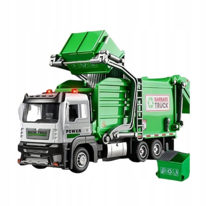 Jucarie educativa, masina de gunoi, scara 1:16, 4 pubele mici + 1 pubela mare, 60 de cartonase cu insigne, usa care se deschide, sunet, miscare, lumina, verde, 5 elemente, plastic, model realist