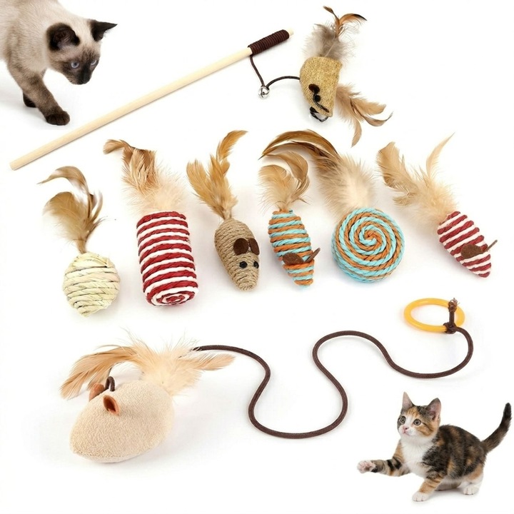 Set Jucarii Interactive Pisici 8 Piese, PRAXELL®, Sisal Si Lemn Natural, Undita, 3 Soricei, Clopotel, Pene, Multicolor, Pentru Joaca Si Stimulare