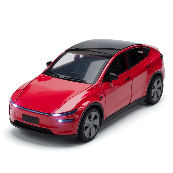 TESLA Fém Autó Fényekkel és Hangokkal, Nyitható Ajtók, Nyitható Csomagtartó, Piros