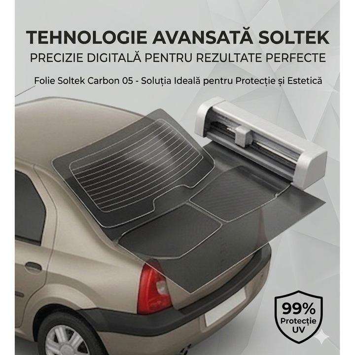 Kit Folie Auto Soltek Carbon 05 Professional, Predecupata Digital Dacia Logan - Serie Spate (Luneta + Laterale), Protectie UV 99%, Anti-Zgariere, Include Kit Complet Montaj