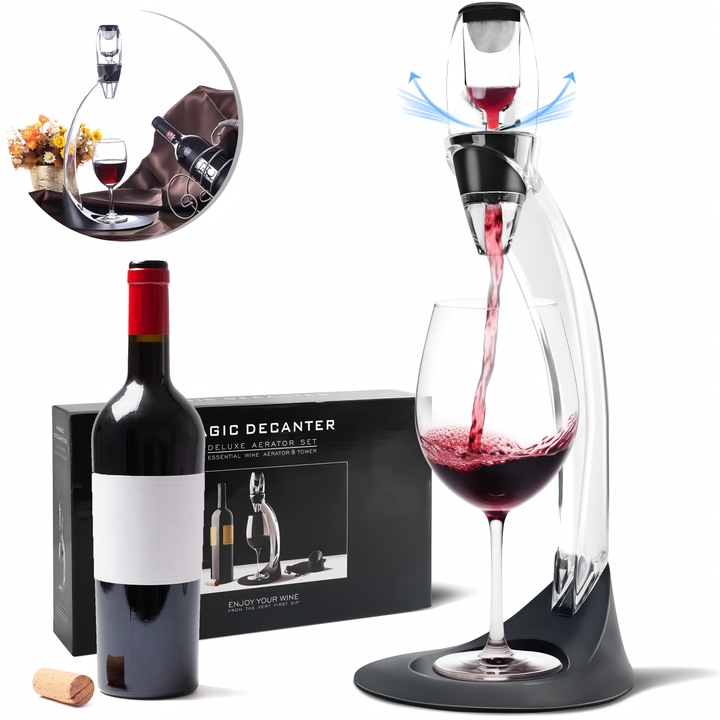 Decantor de Vin Profesional, Wulnar, Aerare Rapida, Design Inteligent si Elegant, Filtru pentru Depuneri, Baza Antipicurare, Acrilic, Transparent, Negru