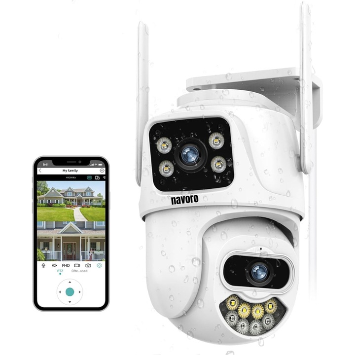 Camera Supraveghere Exterior Dual Lens 1080p Full HD, Dubla Camera, Rotire 355°/90°, Detectare Miscare cu Alerta si Sirena, Vedere Nocturna Color, Stocare Card sau Cloud, Control din Telefon, Rezistenta IP66