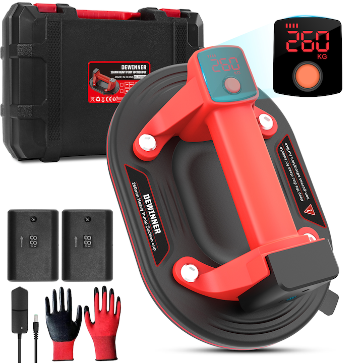 Ventuza Electrica Profesionala DEWINNER, Reincarcabila, 2 Baterii 3000mAh, Afisaj Digital LED, Pentru Ridicat Materiale Grele, Sticla, Usi, Geamuri, Gresie, Culoare Rosu/Negru