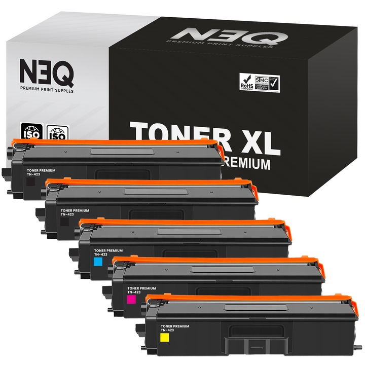 5 db NEQ TN-423 kompatibilis toner készlet, fekete, kék, sárga, piros, 6500x2 oldal, 4000x3 oldal