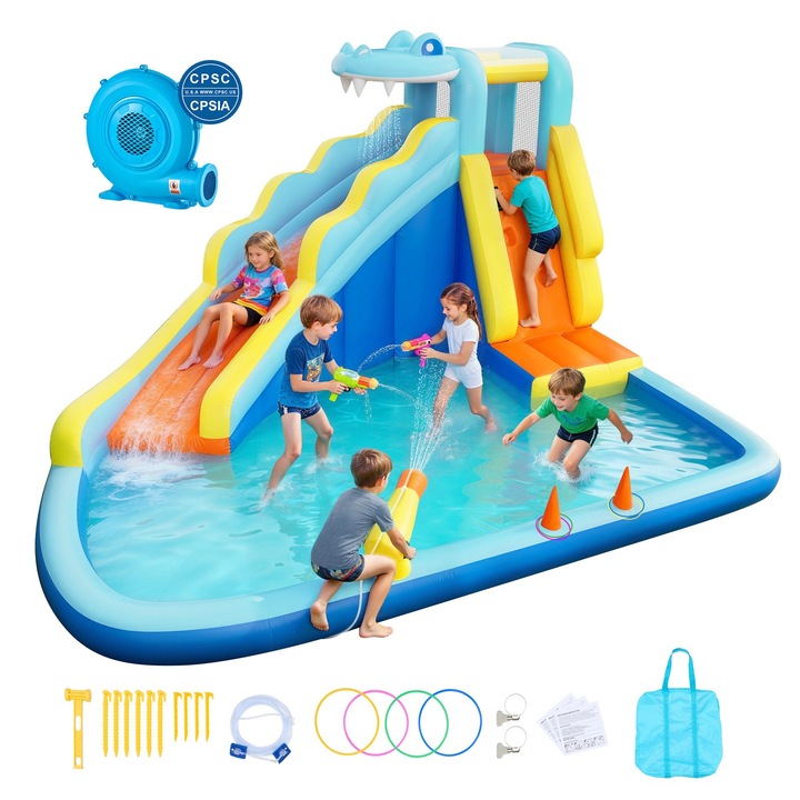 Castel Gonflabil Copii cu Tobogan si Piscina cu Apa, 353x400x235 cm, Trambulina Gonflabila Exterior, Perete Catarare, Suflanta Inclusa, 3-4 Copii, Multicolor