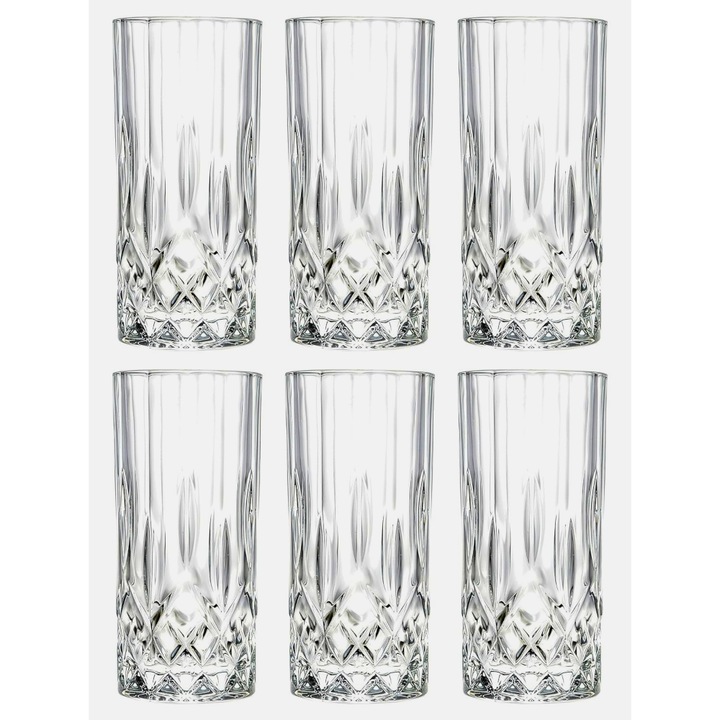 Set 6 pahare inalte MADGENIX, 360 ml, Design Modern cu Baza Texturata, Sticla Transparenta Premium, pentru apa, suc sau cocktail
