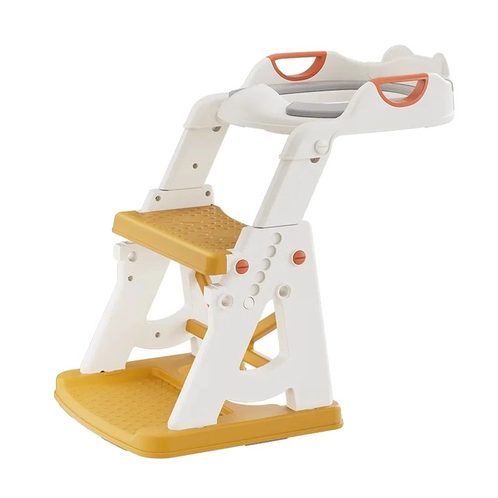 Scaun pentru antrenament la olita, galben, design 2 in 1, inaltime ajustabila, baza antiderapanta