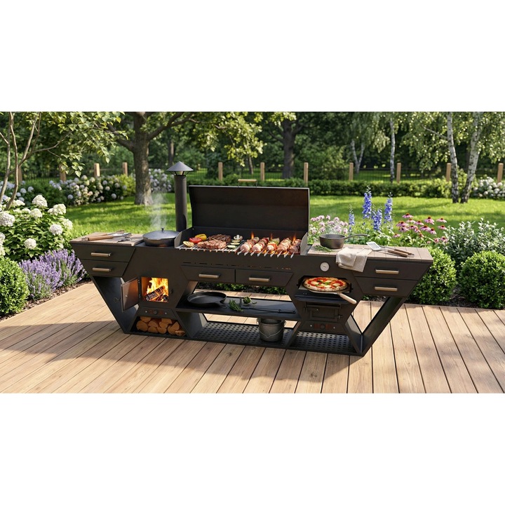 Bucatarie de exterior premium pe lemne – grill, plita si cuptor integrat – DINULESCU METAL ART