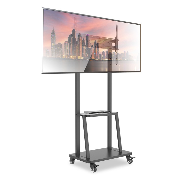 Stand / Suport TV profesional ELTEK®, mobil, reglabil pe inaltime, diagonala 32”–70” (81cm–178cm), raft echipamente integrat, greutate maxima sustinuta 70 kg, VESA maxim 600 × 400, otel, negru