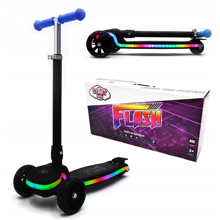 Összecsukható Start Baby Flash roller, 3 kerék, többszínű LED fények, állítható magasság, vízálló