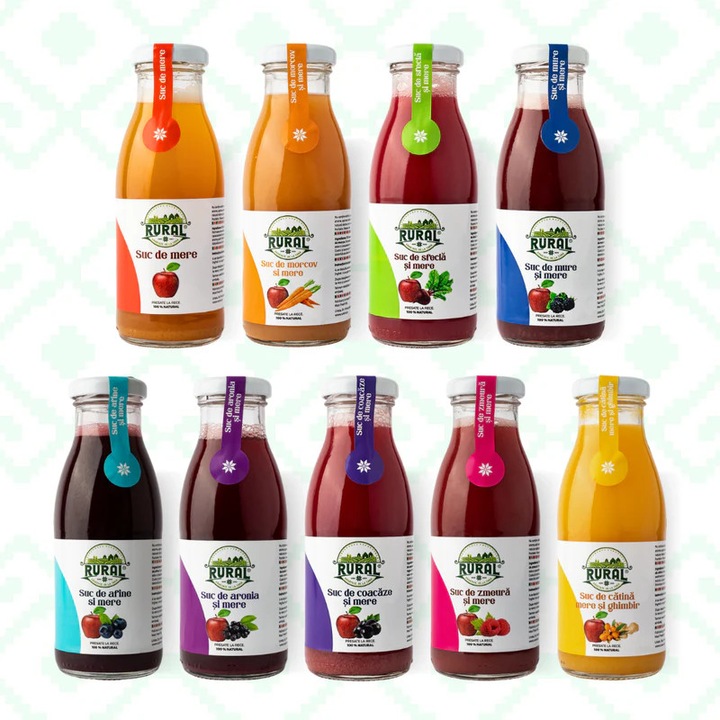 Pachet sucuri naturale presate la rece RURAL – Descopera RURAL MINI, 9 sticle, 100% fructe, fara adaos de zahar