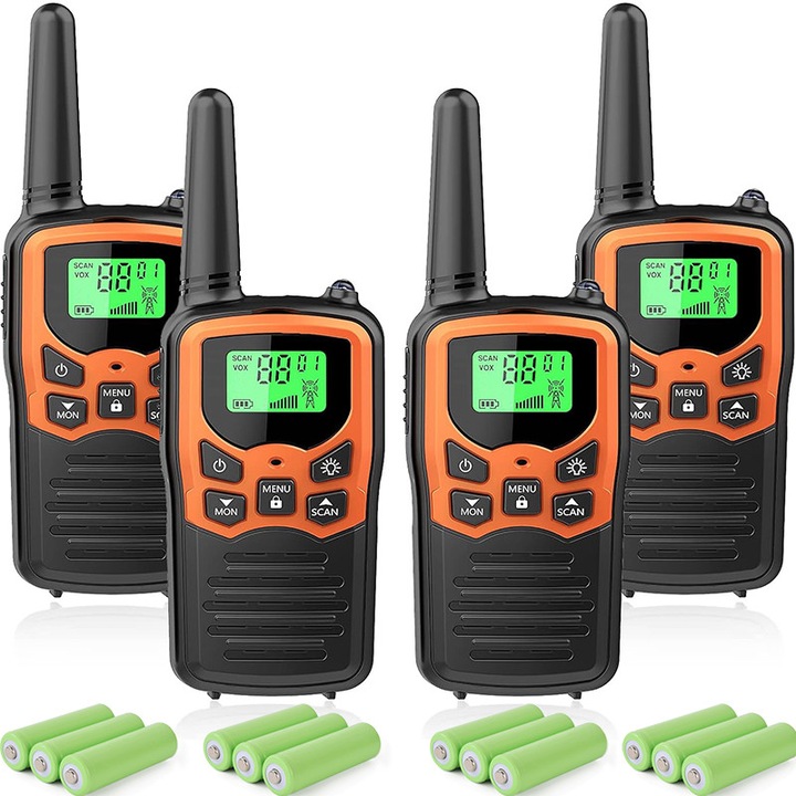 Kit walkie-talkie portabil (4 unitati), walkie-talkie portabile, Fudisenn®, raza de actiune de pana la 8 km, 8 canale, 99 CTCSS, 2 frecvente radio, 3 moduri VOX, mufa pentru casti de 2, 5 mm, lanterna, 10 tonuri de apel, portocaliu