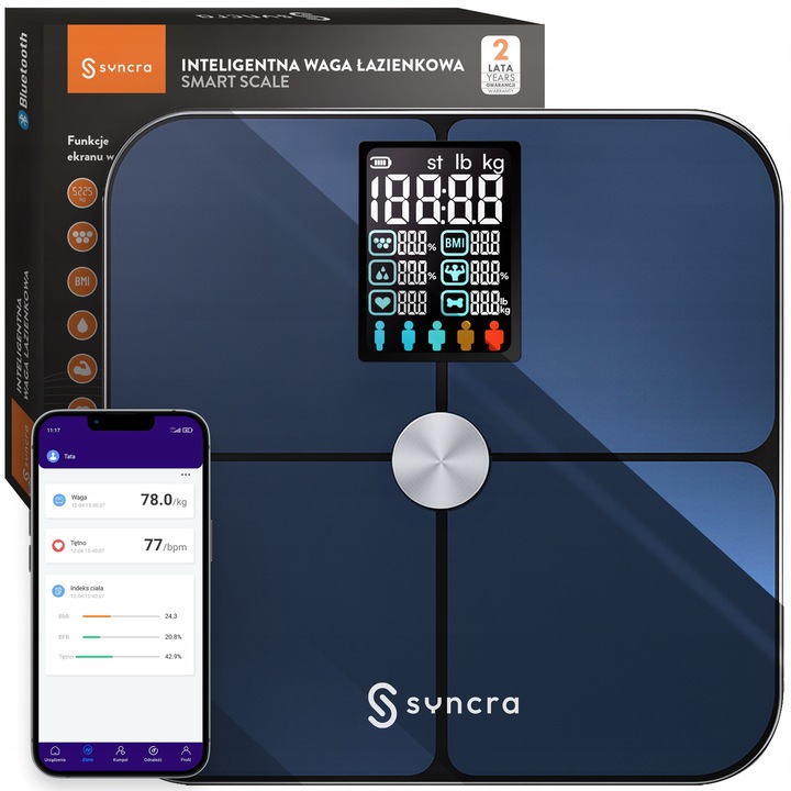 Syncra SmartScale elektronikus analitikus fürdőszobai mérleg, 13 paraméter, Bluetooth 5.0, színes LCD, 28x28cm