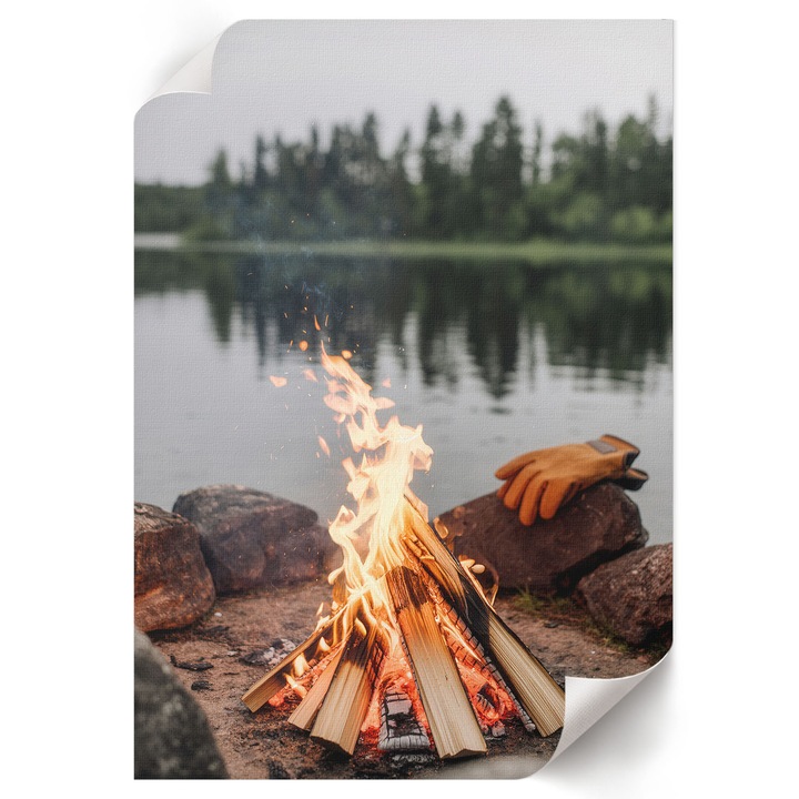 Poster A4 Canvas Decorativ, Wallfluent, Foc De Tabara In Padure, Maro, 21 x 29.7 cm, Decor Perete Interior, Pentru Living Sau Dormitor, 010030020070000293404