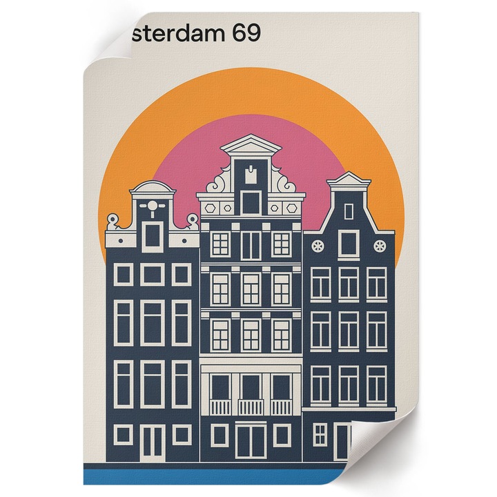 Dekoratív Poszter A1, Wallfluent, Amszterdami bérházak, Tengerészkék, 59.4 x 84 cm, Hálószoba és Nappali, Vászonkép, 010030020310000294126