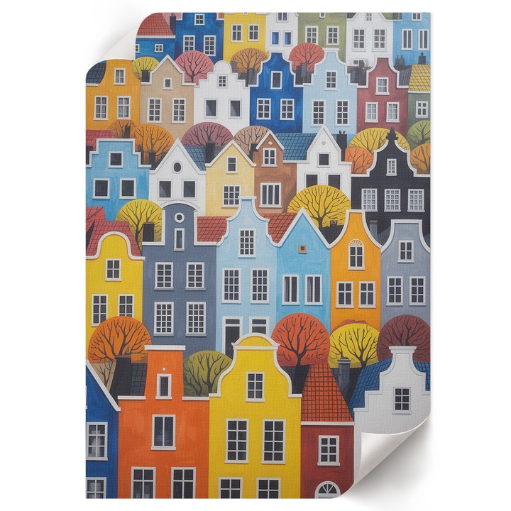 Dekoratív Poszter A1, Wallfluent, Színes bérházak, Kék, 59.4 x 84 cm, Hálószoba és Nappali, Vászonkép, 010030020310000294319