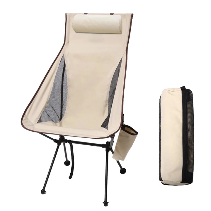 Scaun camping, design portabil, bej, capacitate maxima 150 kg, constructie din aluminiu