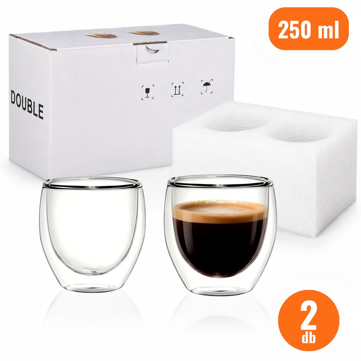 2 db átlátszó, duplafalú boroszilikát üveg pohár szett, 250ml, 9cm