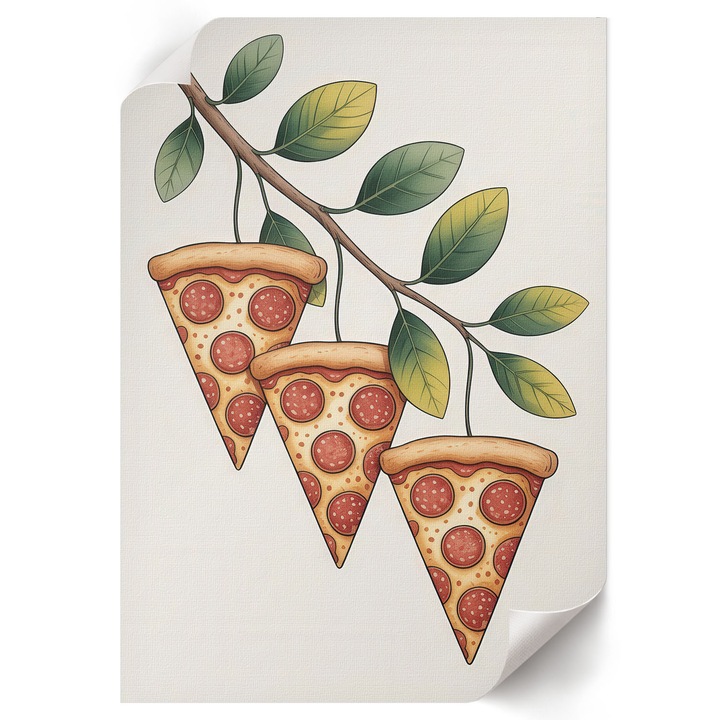 Poster A4 Canvas Decorativ, Wallfluent, Pizza Pe O Creanga, Verde, 21 x 29.7 cm, Decor Perete Interior, Pentru Living Sau Dormitor, 010030020070000293955