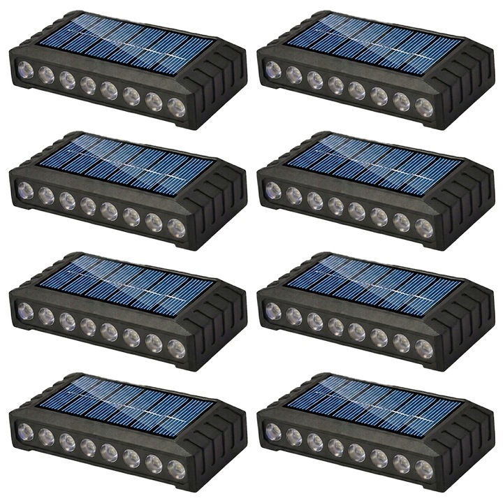 8 db NEXTLY kültéri szolár lámpa szett, 16 LED, meleg fény, fényérzékelő, vízálló, falra/kerítésre szerelhető tiplikkel/ragasztóval, 15.2x5.5x2.5cm, fekete