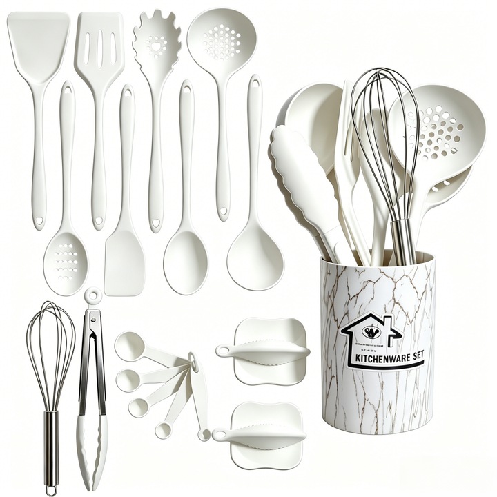 Set ustensile gatit din silicon, 18 piese, termorezistent pana la 230°C, pentru oale antiaderente, cu cutie depozitare, alb