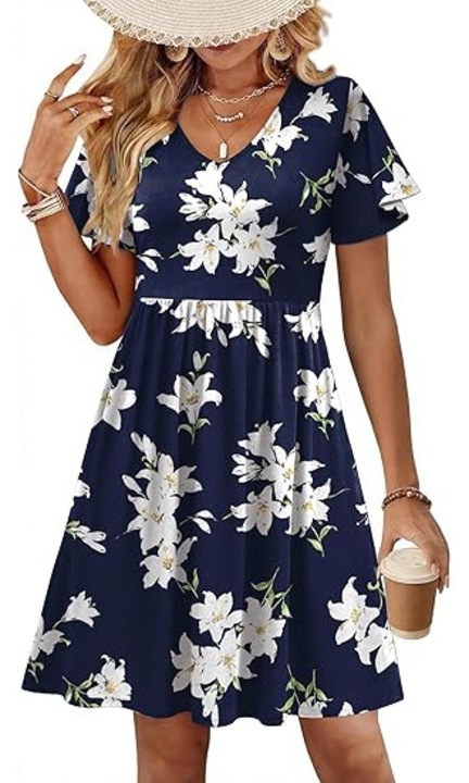 Rochie dama Zeagoo, stil casual floral, marimea M, maneci scurte cu volane, croi lejer, Material poliester, culoare Multicolor