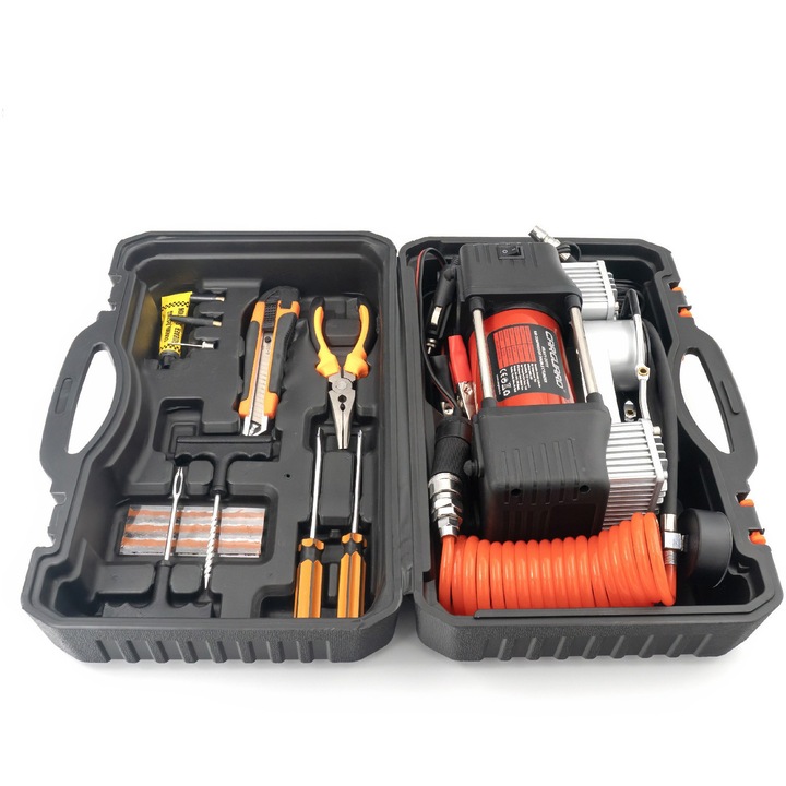 Compresor auto Carguard Heavy-Duty dublu cilindru – 50 L/min – 150 PSI – LED + kit reparatie anvelope