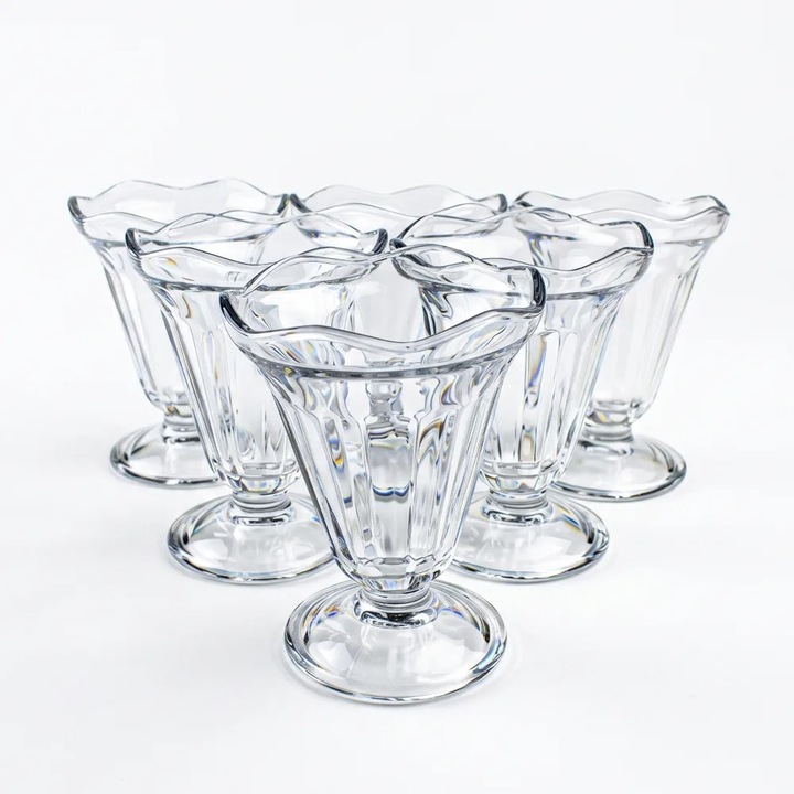 Set 6 cupe inghetata din sticla transparenta ABYZ, 225 ml, model fatetat elegant, pahare desert, fructe si servire premium