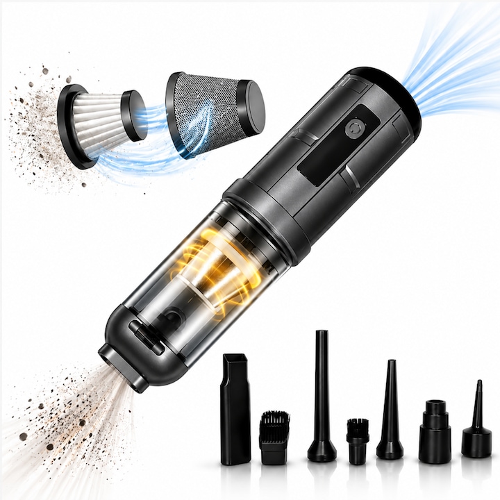 AirForce - Aspirator Auto cu Acumulator, 22.000 Pa, 7 Accesorii, Functie Suflare, Filtru Hepa + Inox