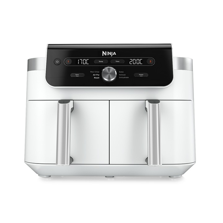 Friteuza cu aer cald Ninja Airfryer DualZone DZ901EUWH, 2470W, 9.5L, 6 functii de gatit, 2 cosuri de 4.75L, functie Max Crisp, functie deshidratare, panou digital, temperatura maxima 240 grade, cosuri si placi cu invelis ceramic, alb