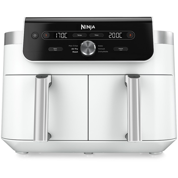 Friteuza cu aer cald Ninja Airfryer DualZone DZ901EUWH, 2470W, 9.5L, 6 functii de gatit, 2 cosuri de 4.75L, functie Max Crisp, functie deshidratare, panou digital, temperatura maxima 240 grade, cosuri si placi cu invelis ceramic, alb