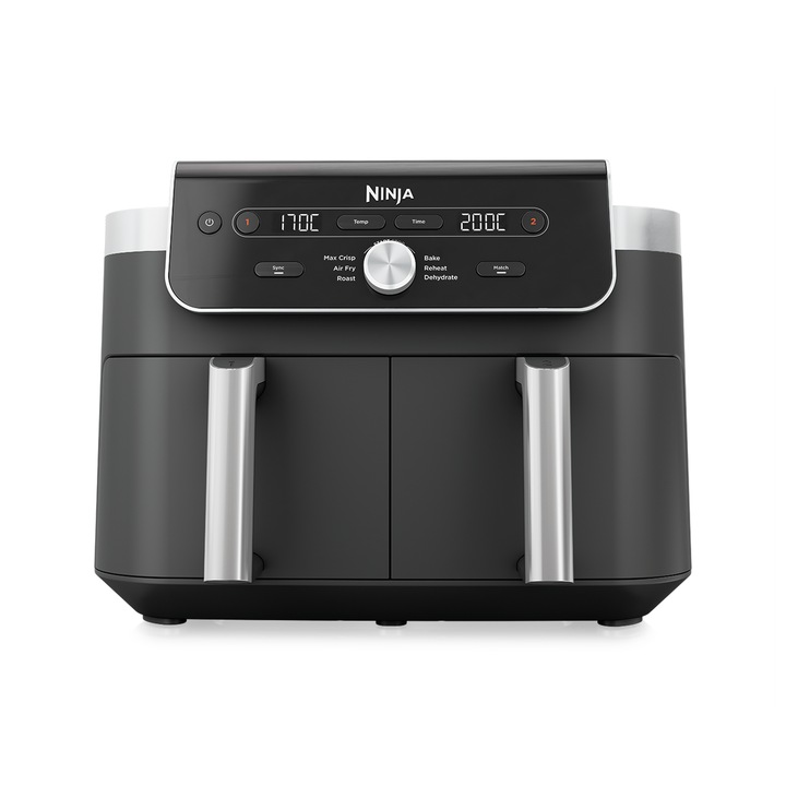 Friteuza cu aer cald Ninja Airfryer DualZone DZ901EU, 2470W, 9.5L, 6 functii de gatit, 2 cosuri de 4.75L, functie Max Crisp, functie deshidratare, panou digital, temperatura maxima 240 grade, cosuri si placi cu invelis ceramic, gri