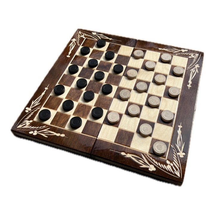 Set Table si Dame din lemn lucrat manual, 38x38 cm, maro cu alb