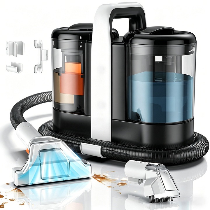 Aspirator Cu Spalare 3 In 1, Bedee, 600W, 15Kpa, Rezervor Dublu 1.5L + 0.8L, 2 Accesorii, Curatare Profunda, Putere Mare de Aspirare，Portabil, Ideal Auto, Canapea, Mocheta, Alb-negru