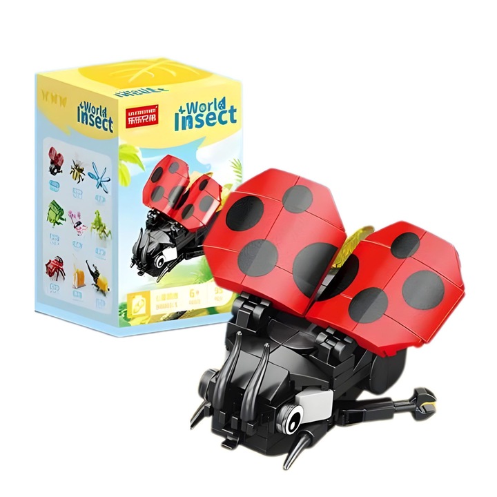Set de Constructie, Flippy, Model Buburuza, Lumea Insectelor Mini, 95 Piese, Model 3D, Jucarie Educativa STEM, +6 Ani, Plastic ABS, 11 x 7 x 7 cm, Negru/Rosu