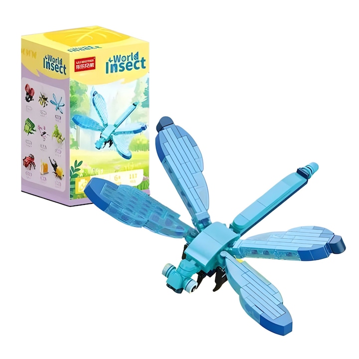 Set de Constructie, Flippy, Model Libelula, Lumea Insectelor Mini, 117 Piese, Model 3D, Jucarie Educativa STEM, +6 Ani, Plastic ABS, 11 x 7 x 7 cm, Albastru