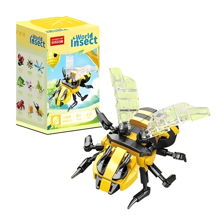 Set de Constructie, Flippy, Model Bondar, Lumea Insectelor Mini, 150 Piese, Model 3D, Jucarie Educativa STEM, +6 Ani, Plastic ABS, 11 x 7 x 7 cm, Negru/Galben